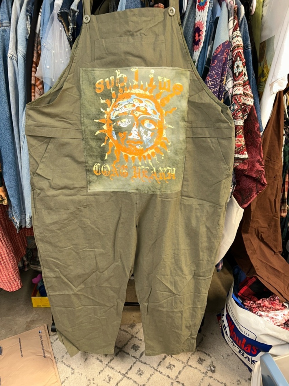 Upcycled Olive Green  jumper Overalls with Sublime graphic